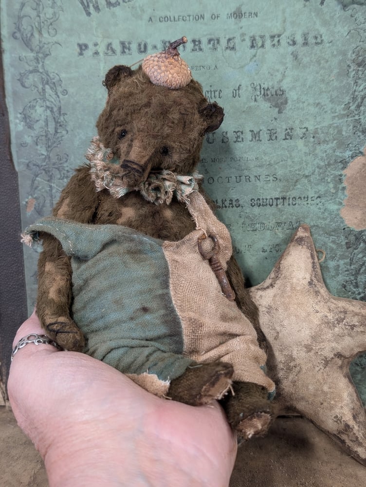 Image of 7" - Old Frumpy Toy Carnival Teddy Bear in romper & an ACORN "hat"  by Whendi's Bears