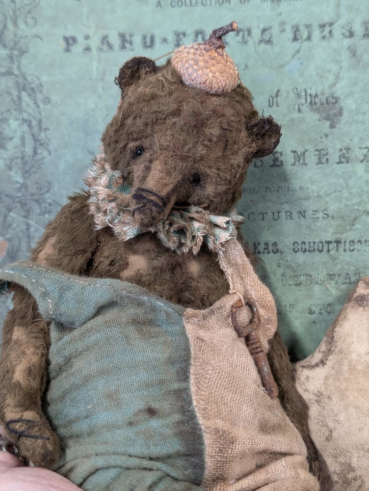 Image of 7" - Old Frumpy Toy Carnival Teddy Bear in romper & an ACORN "hat"  by Whendi's Bears