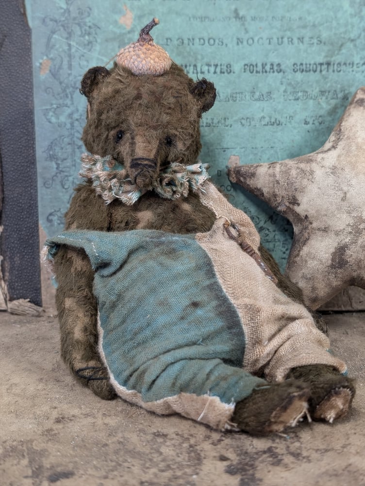 Image of 7" - Old Frumpy Toy Carnival Teddy Bear in romper & an ACORN "hat"  by Whendi's Bears