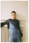 Image of blue asymmetric dress with mohair sweater