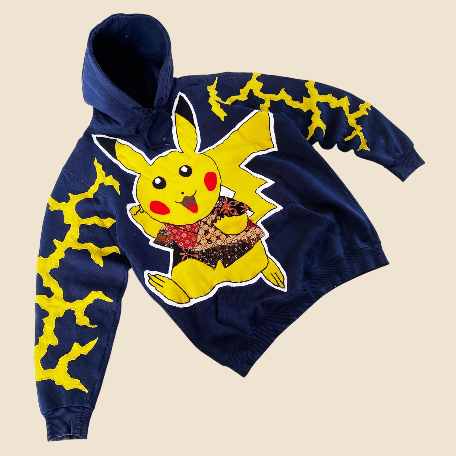 1 of 1 RE-WORKED PIKACHU INDONESIAN BATIK SHIRT CUT & SEWN HOODIE