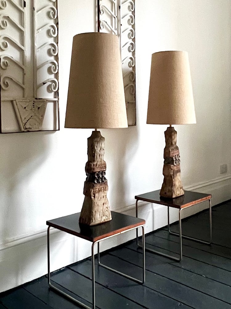 Image of Two Studio Ceramic Lamps in Natural Tones by Bernard Rooke England