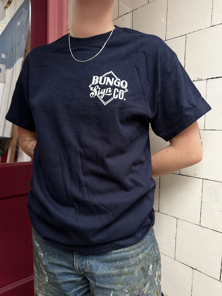 Image of Navy 'Three Wee Coos' Bungo Sign Co tee