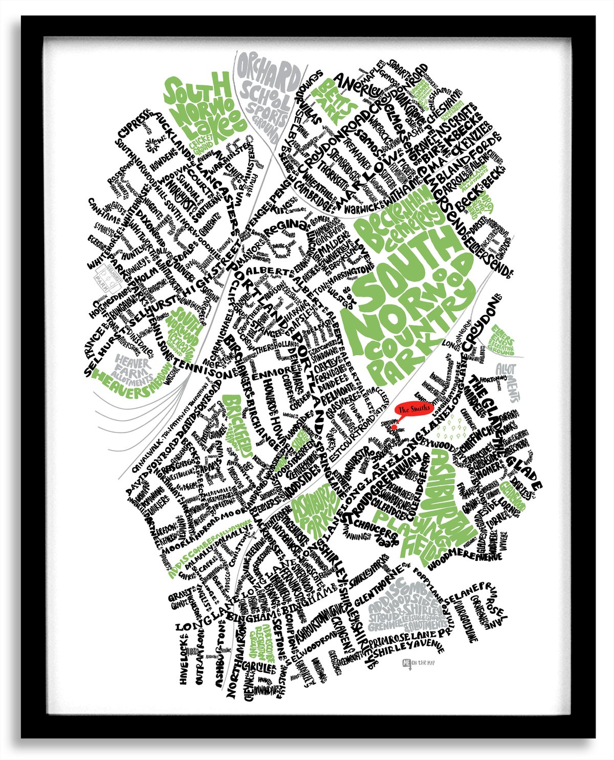 Image of South Norwood & Woodside Typographic Street Map
