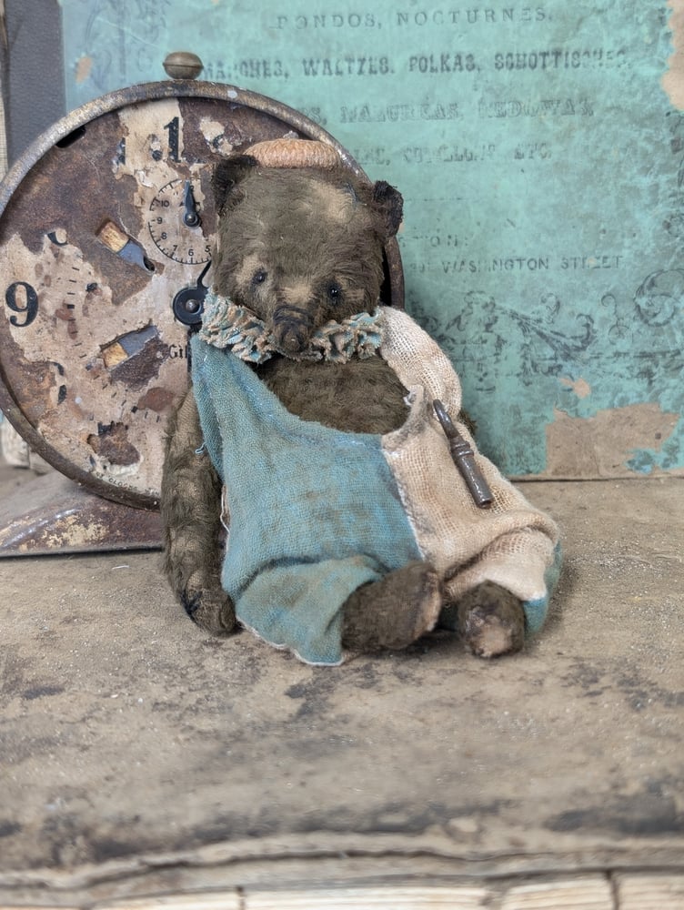 Image of 5" - Old Frumpy Toy Carnival Teddy Bear in romper & an ACORN "hat"  by Whendi's B