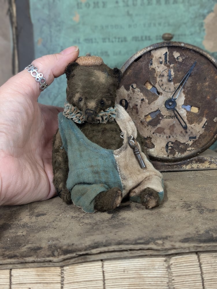 Image of 5" - Old Frumpy Toy Carnival Teddy Bear in romper & an ACORN "hat"  by Whendi's B