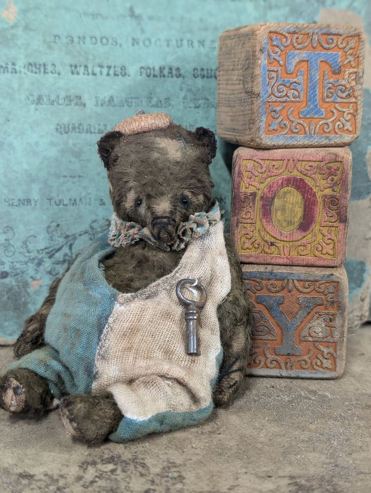 Image of 5" - Old Frumpy Toy Carnival Teddy Bear in romper & an ACORN "hat"  by Whendi's B