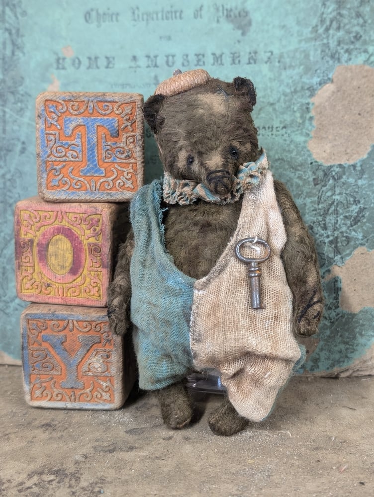 Image of 5" - Old Frumpy Toy Carnival Teddy Bear in romper & an ACORN "hat"  by Whendi's B