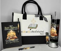 Custom Embroidered tote bag with matching journal, tumbler, bookmark & pen set