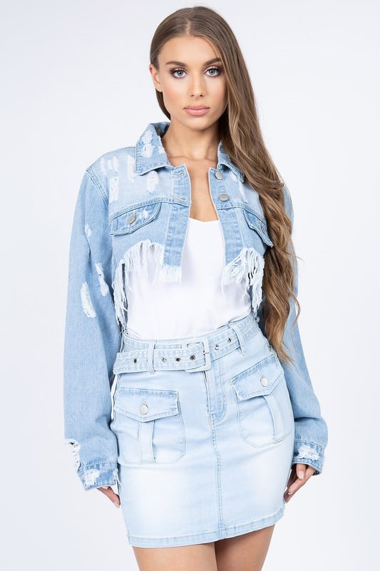 Image of 3pack DISTRESSED DENIM JACKET WITH FRAYED HEM-LIGHT BLUE