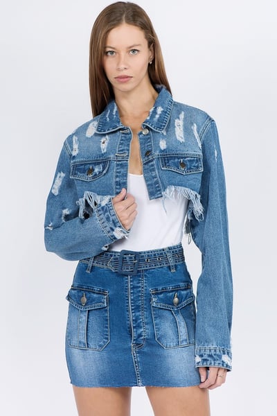 Image of 3pack DISTRESSED DENIM JACKET WITH FRAYED HEM-MEDIUM BLUE