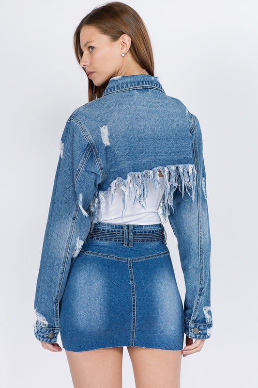 Image of 3pack DISTRESSED DENIM JACKET WITH FRAYED HEM-MEDIUM BLUE