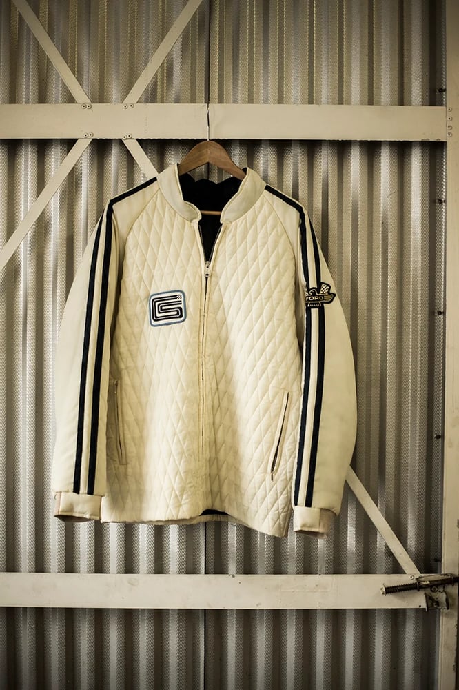 Image of Ford v. Ferrari Carroll Shelby Crew Jacket - White with Blue Stripes (Telluride)