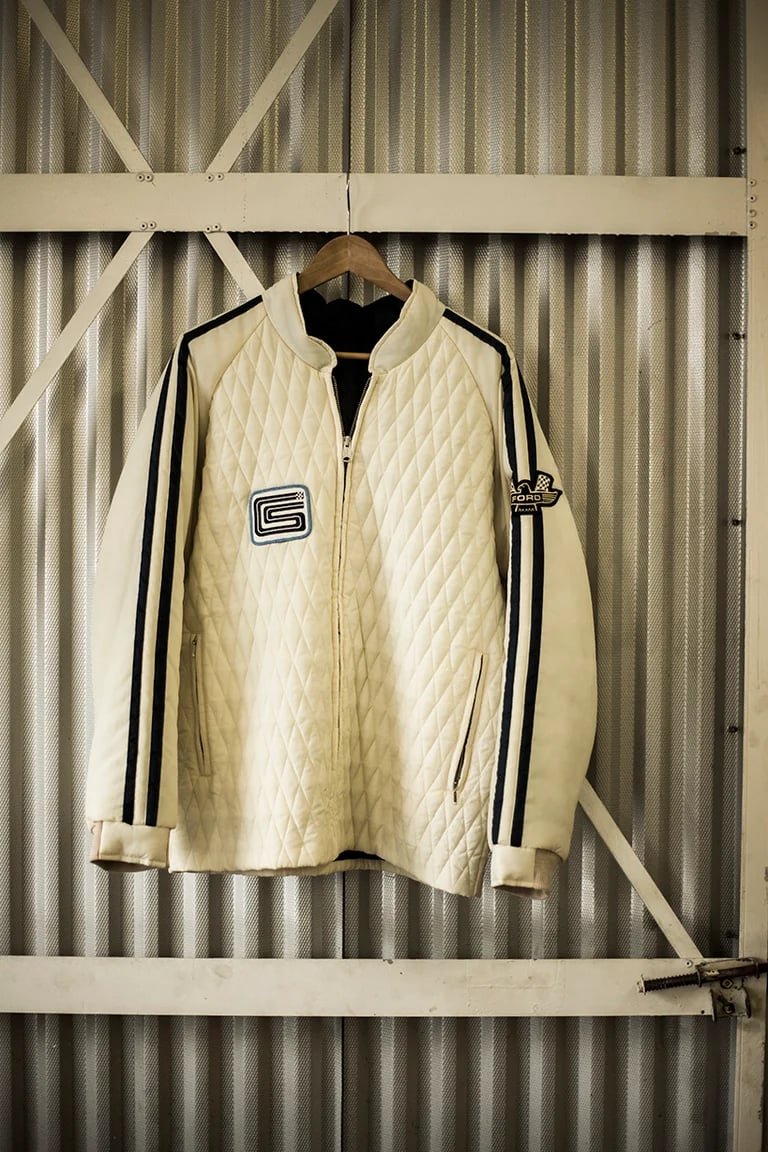 Image of Ford v. Ferrari Carroll Shelby Crew Jacket - White with Blue Stripes (Telluride)