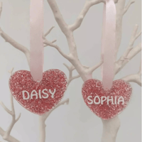 Image 1 of Personalised Glitter Hanging Acrylic Heart Tree Decor, Acrylic Heart Gift Tag