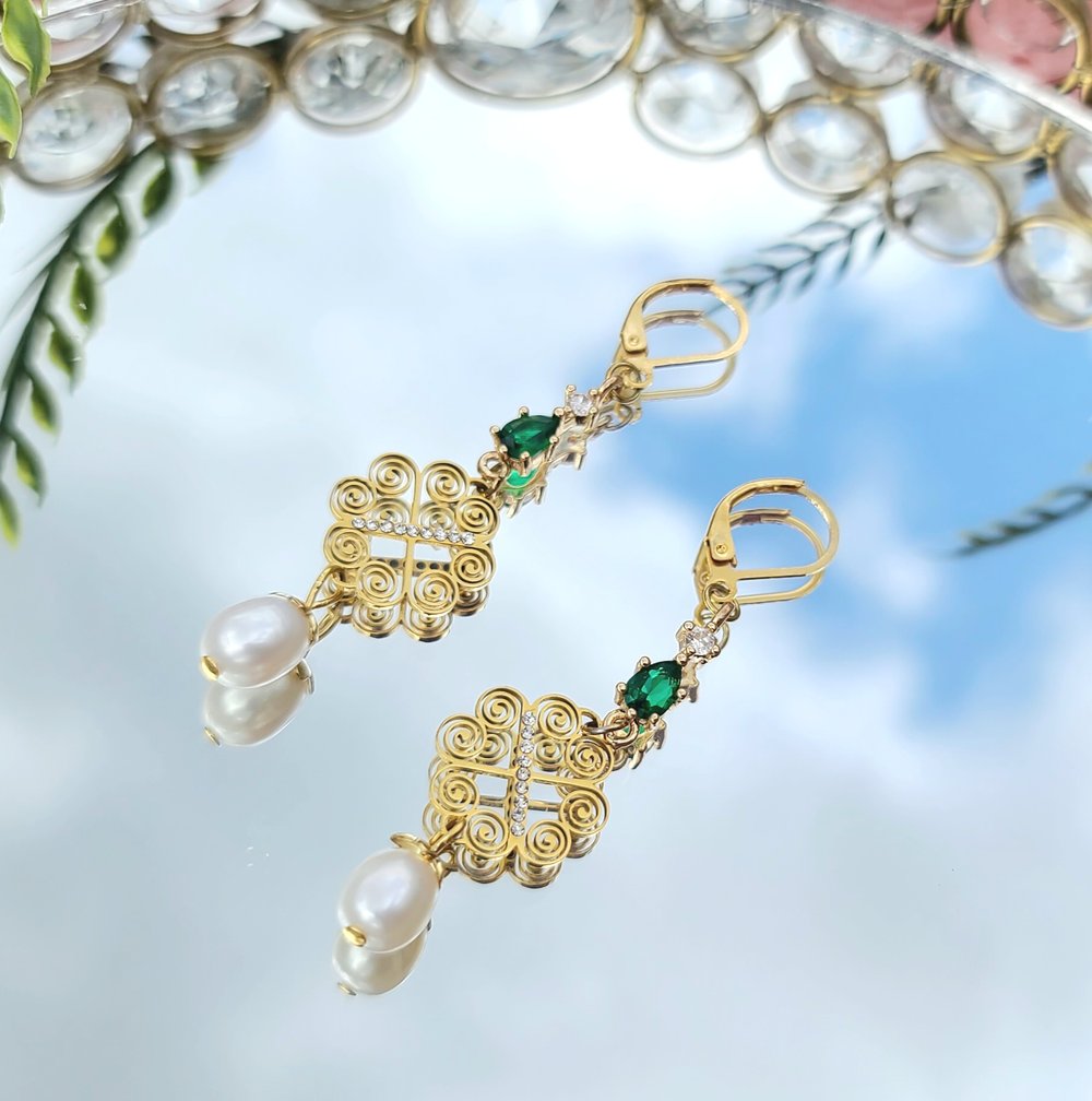 Image of Sophie (Green or Pink) Earrings - 18K Gold Plated, Hypoallergenic, Real Freshwater Pearls