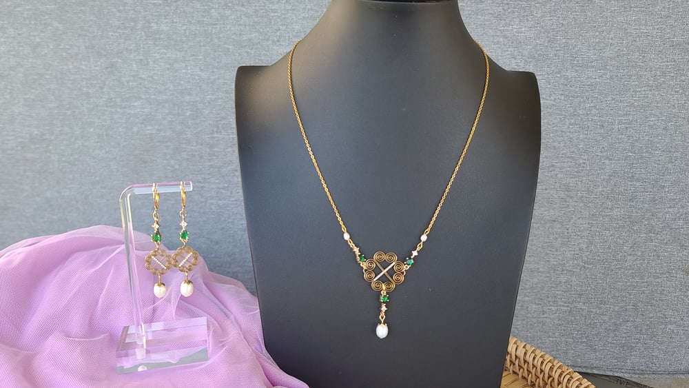 Image of Sophie (Green or Pink) Earrings - 18K Gold Plated, Hypoallergenic, Real Freshwater Pearls