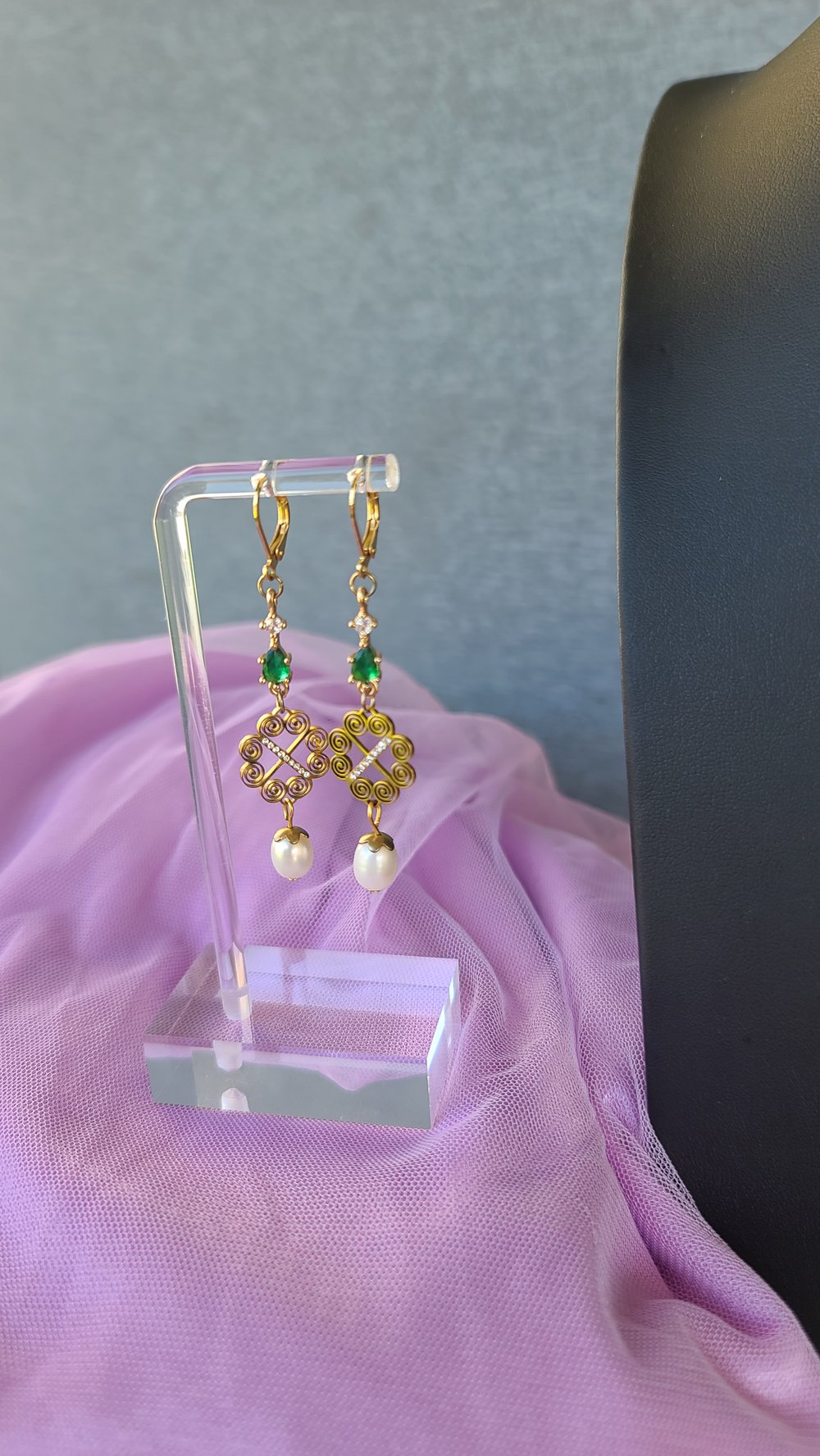 Image of Sophie (Green or Pink) Earrings - 18K Gold Plated, Hypoallergenic, Real Freshwater Pearls