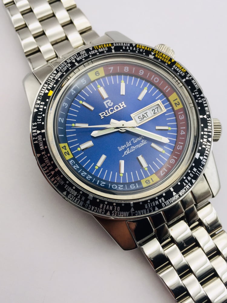 Image of Rare Ricoh World Timer GMT 61215A Sports Automatic Mens Watch,Blue Dial.Mint Condition.Japan