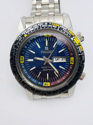 Image of Rare Ricoh World Timer GMT 61215A Sports Automatic Mens Watch,Blue Dial.Mint Condition.Japan