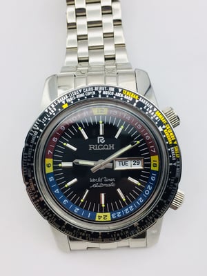 Image of Rare Ricoh World Timer GMT 61215A Sports Automatic Mens Watch,BLACK Dial.Mint Condition.Japan