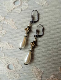 Image 3 of Art Deco Fan Pearl Teardrop Bronze Earrings, Pierced or Clip On