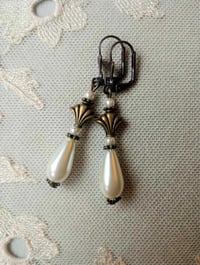 Image 8 of Art Deco Fan Pearl Teardrop Bronze Earrings, Pierced or Clip On