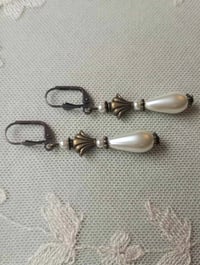 Image 5 of Art Deco Fan Pearl Teardrop Bronze Earrings, Pierced or Clip On