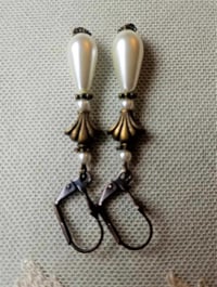 Image 9 of Art Deco Fan Pearl Teardrop Bronze Earrings, Pierced or Clip On