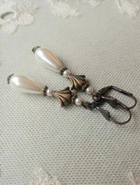 Image 11 of Art Deco Fan Pearl Teardrop Bronze Earrings, Pierced or Clip On