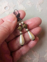 Image 2 of Art Deco Fan Pearl Teardrop Bronze Earrings, Pierced or Clip On