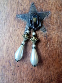 Image 4 of Art Deco Fan Pearl Teardrop Bronze Earrings, Pierced or Clip On