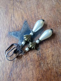 Image 12 of Art Deco Fan Pearl Teardrop Bronze Earrings, Pierced or Clip On
