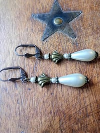 Image 10 of Art Deco Fan Pearl Teardrop Bronze Earrings, Pierced or Clip On