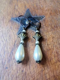 Image 7 of Art Deco Fan Pearl Teardrop Bronze Earrings, Pierced or Clip On