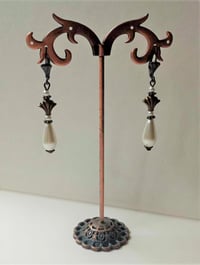 Image 6 of Art Deco Fan Pearl Teardrop Bronze Earrings, Pierced or Clip On