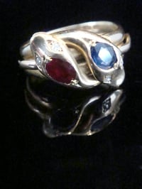 Image 1 of VICTORIAN 18CT RUBY SAPPHIRE AND OLD CUT DIAMOND DOUBLE SNAKE RING RING SIZE P