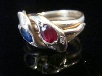 Image 7 of VICTORIAN 18CT RUBY SAPPHIRE AND OLD CUT DIAMOND DOUBLE SNAKE RING RING SIZE P