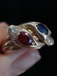 Image 9 of VICTORIAN 18CT RUBY SAPPHIRE AND OLD CUT DIAMOND DOUBLE SNAKE RING RING SIZE P