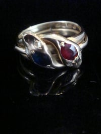 Image 11 of VICTORIAN 18CT RUBY SAPPHIRE AND OLD CUT DIAMOND DOUBLE SNAKE RING RING SIZE P