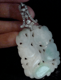 Image 1 of EDWARDIAN  PLATINUM  LARGE CARVED JADE AND DIAMOND PENDANT WITH DETACHABLE BALE