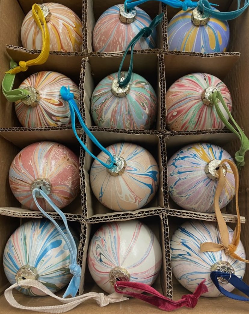 Box of 12 hand marbled large luxury baubles // mixed Jemma Lewis