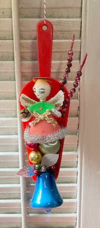 Fun! Vintage Bright Red Scoop with Spun Cotton Christmas Angel Decoration