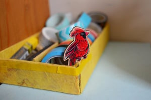 Cardinal Bird Wooden Brooch