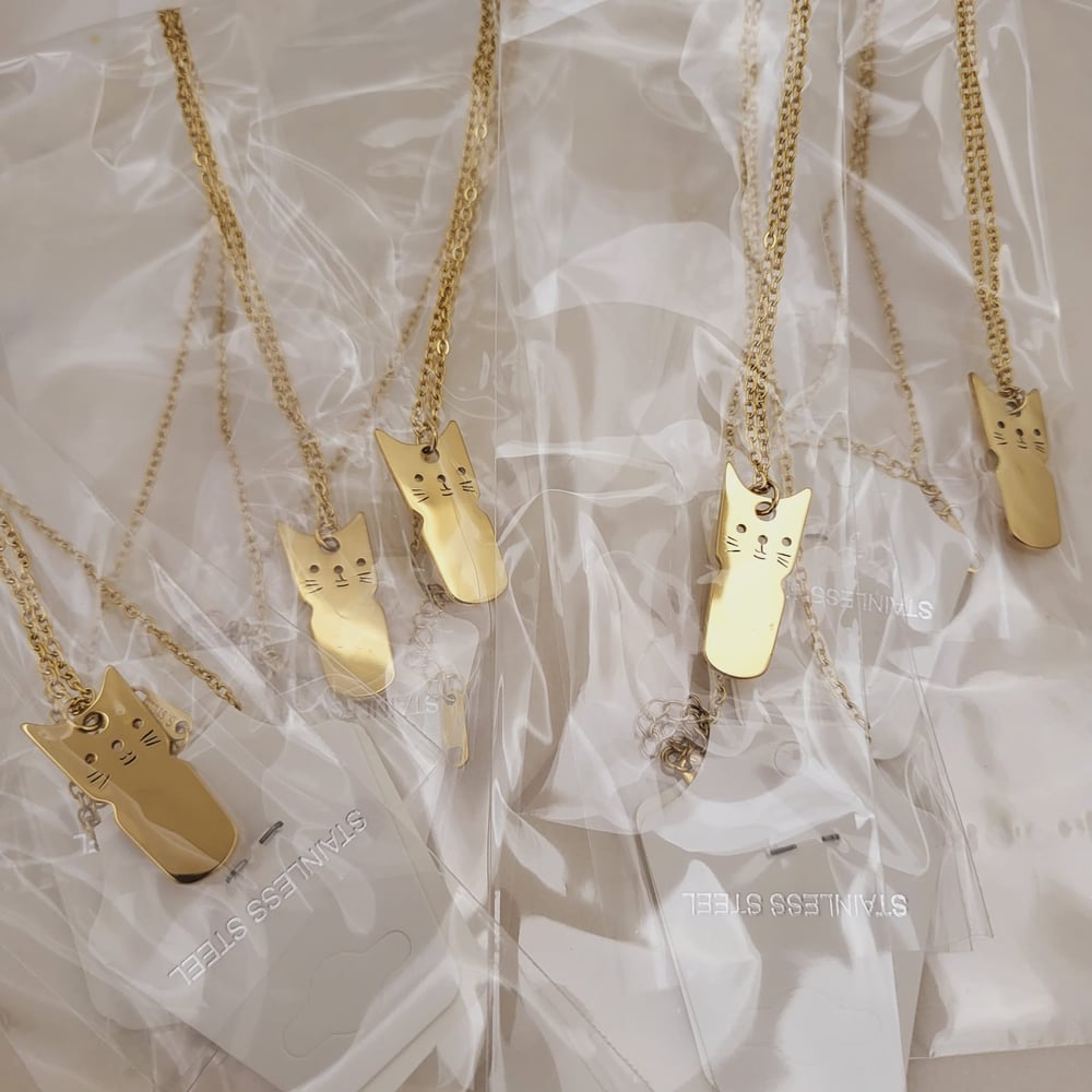 Image of Laser Engravable Cat Face Pendant Blanks with Necklace.