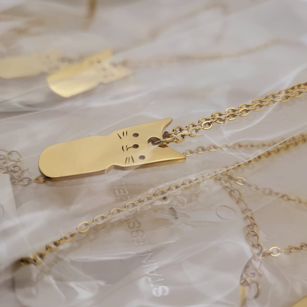 Image of Laser Engravable Cat Face Pendant Blanks with Necklace.