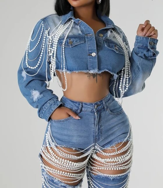 Image of Cropped Pearl Denim Jacket 