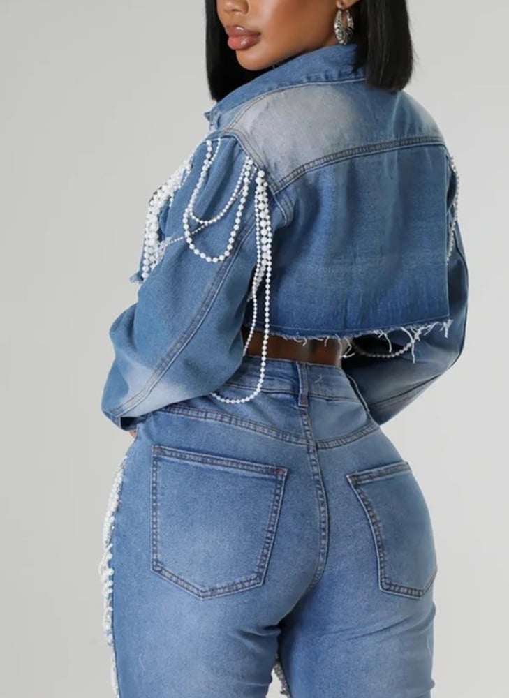 Image of Cropped Pearl Denim Jacket 