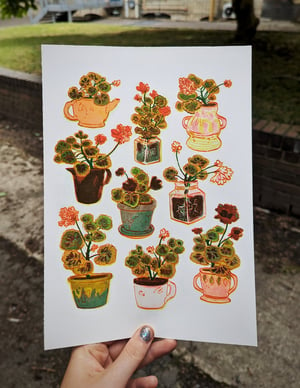 Geranium Pots A4 3 or 2 Colour Risograph Print.