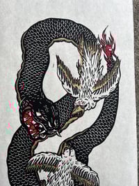 Image 2 of Snake vs. Tengu 3 Layer Linocut Print PROOFS